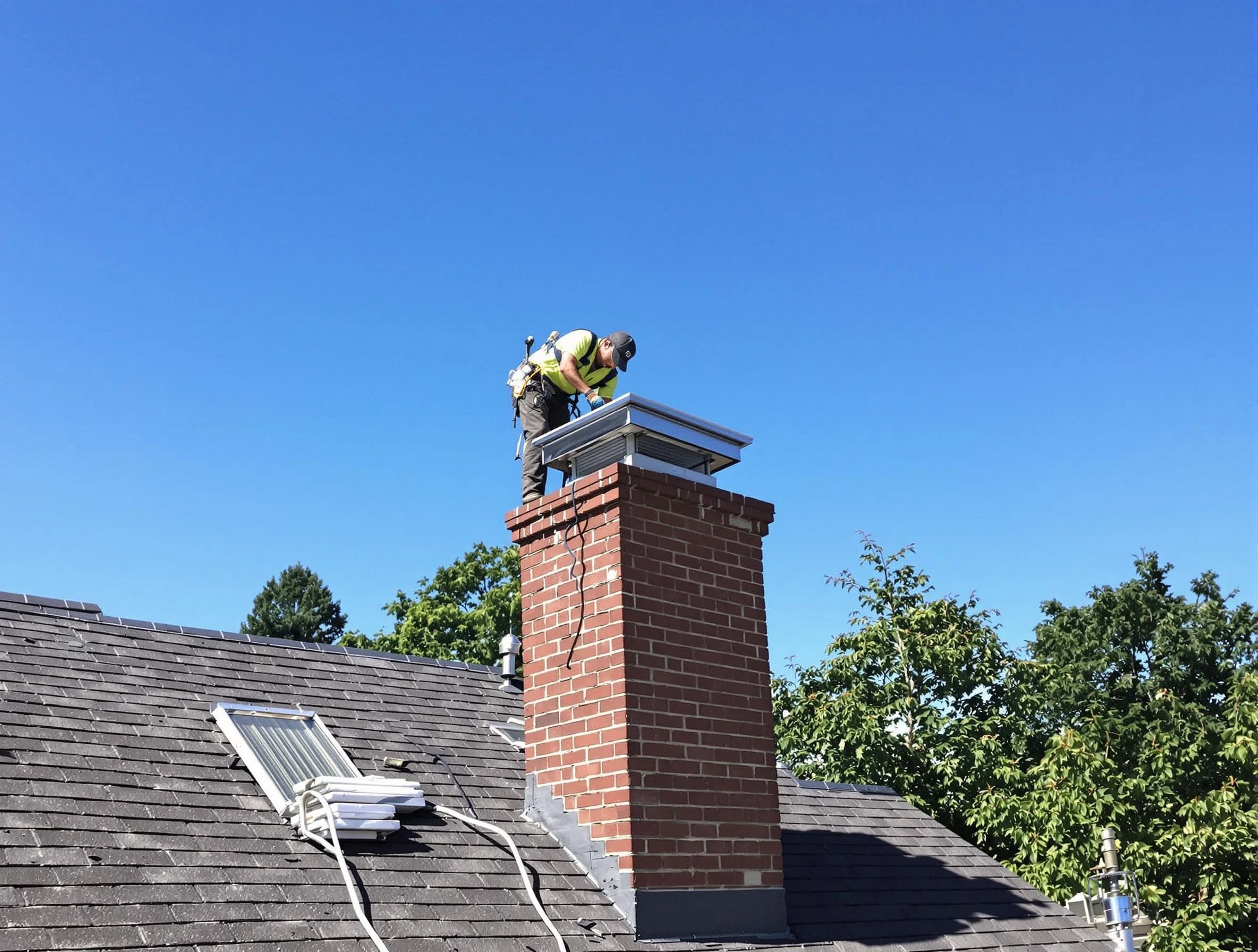 Spanish Fork Chimney Sweep technician measuring a chimney cap in Spanish Fork, UT